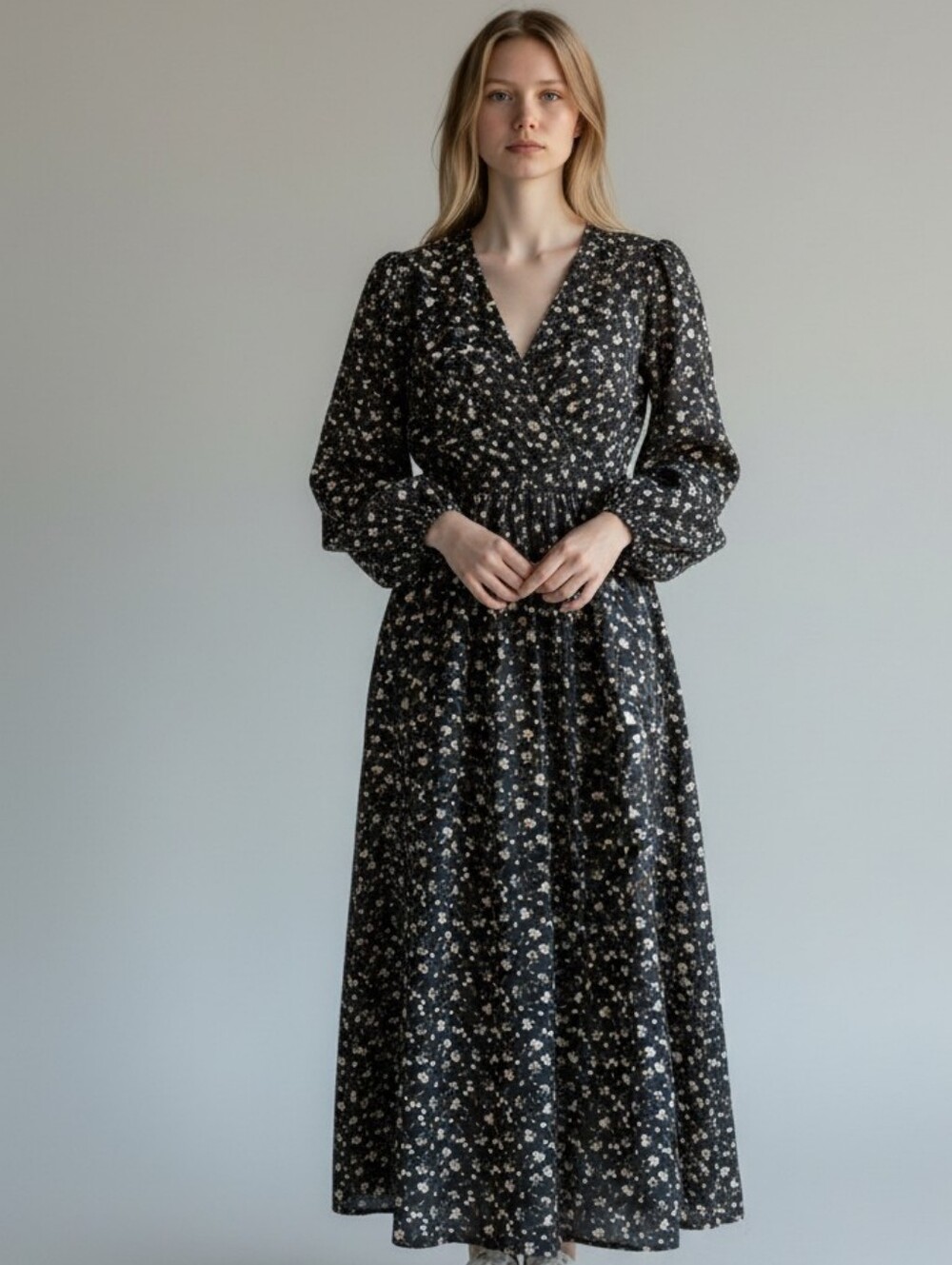 Floral Piper & Scoot V-Neck Long Sleeve Maxi Dress